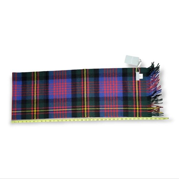 Joshua Ellis tartan 100% cashmere scarf in new green/scarlet red/blue - Picture 5 of 8